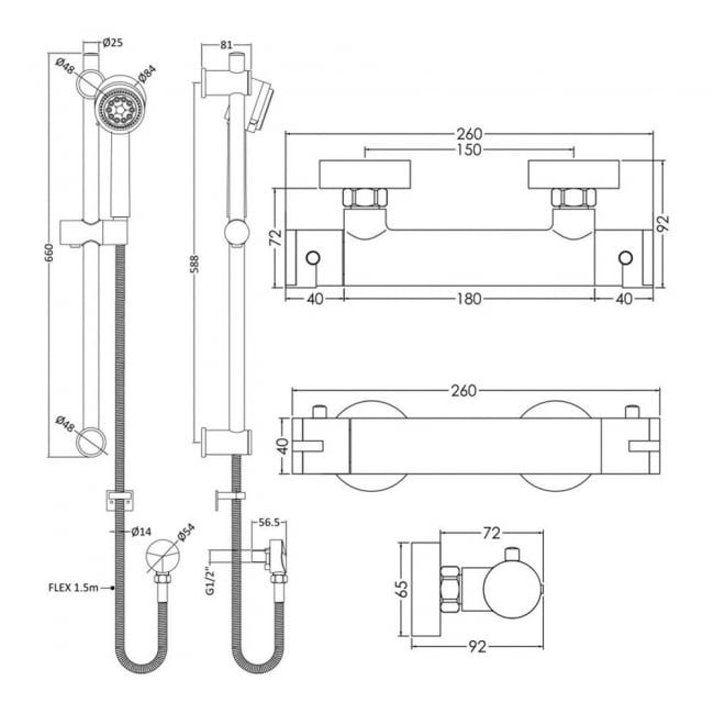 Nuie Binsey Round Thermostatic Bar Shower Valve with Multi Function Slider Rail Kit - Chrome