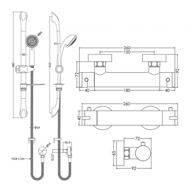 Nuie Binsey Round Thermostatic Bar Shower Valve with Luxury Curved Slider Rail Kit - Chrome