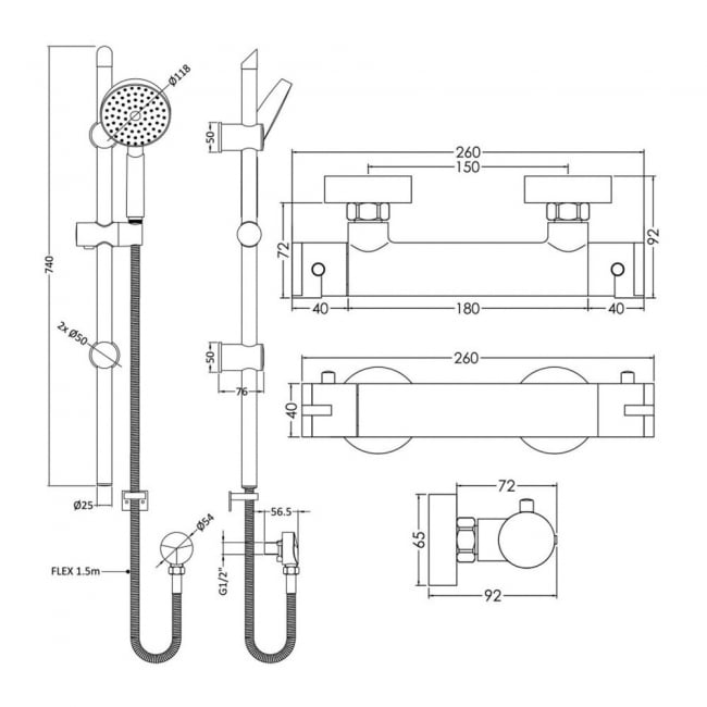 Nuie Binsey Round Thermostatic Bar Shower Valve with Water Saving Slider Rail Kit - Chrome