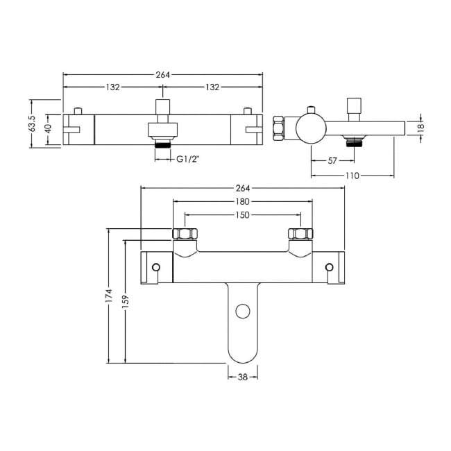 Nuie Binsey Wall Mounted Thermostatic Bath Shower Mixer Tap - Chrome