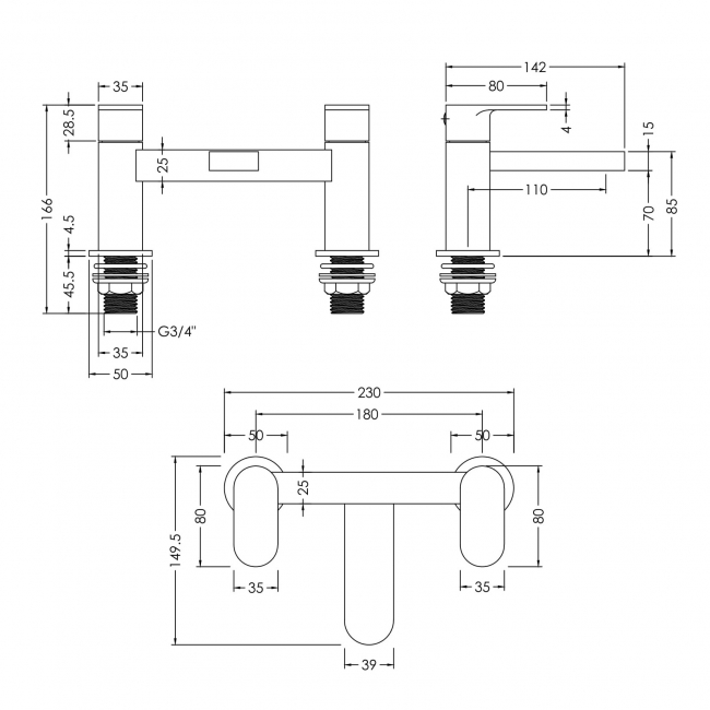 Nuie Binsey Pillar Mounted Bath Filler Tap - Brushed Pewter