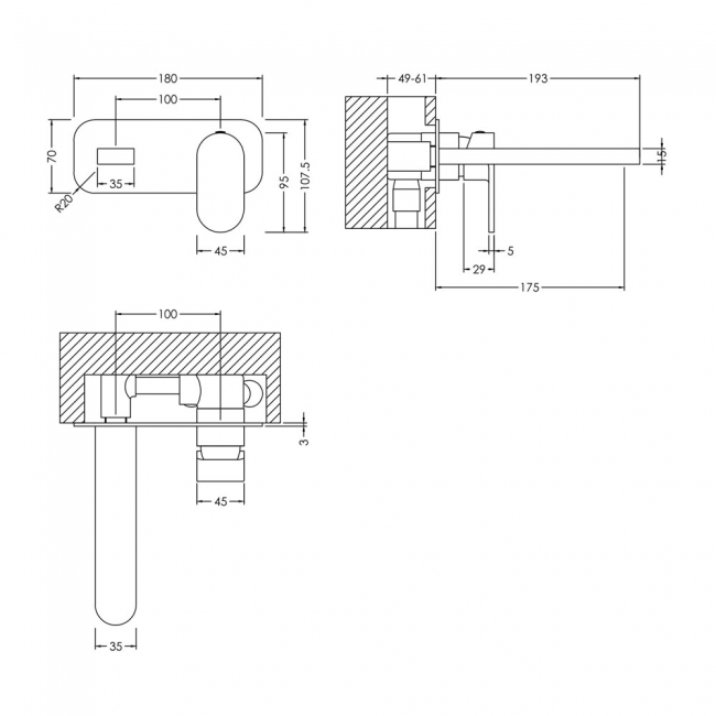 Nuie Binsey 2-Hole Wall Mounted Basin Mixer Tap with Plate - Matt Black