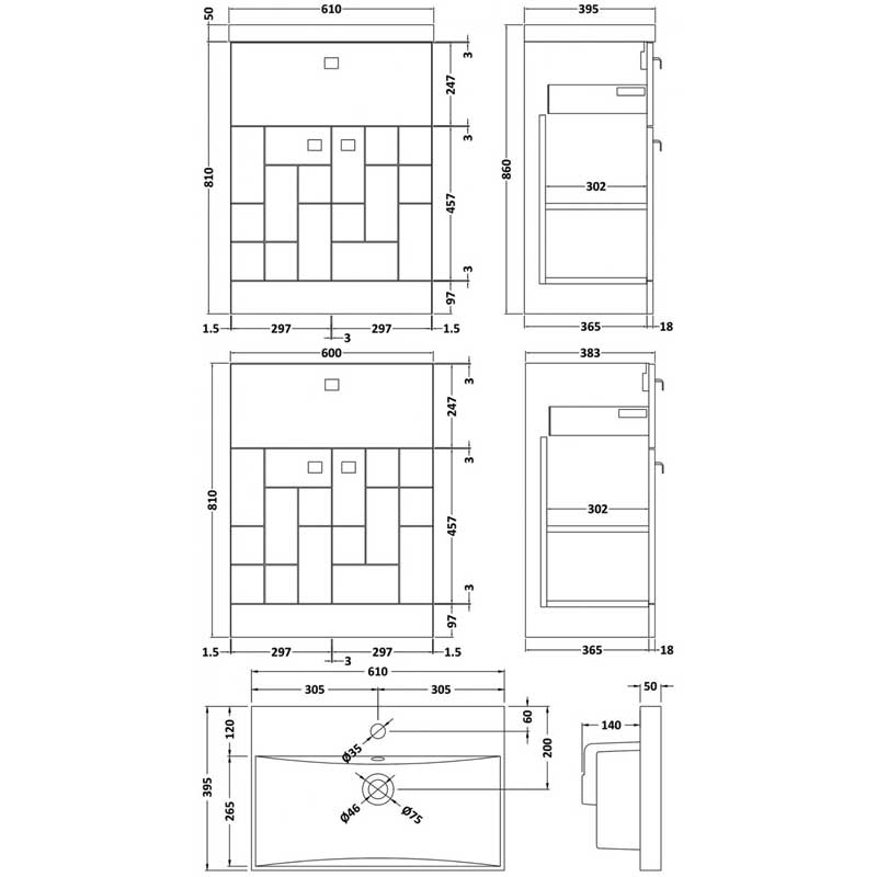 Nuie Blocks Floor Standing 2-Door and 1-Drawer Vanity Unit with Basin-3 600mm Wide - Satin White