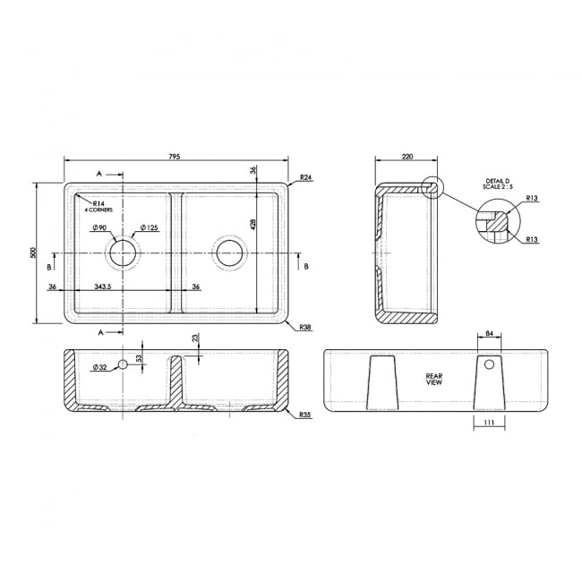 Nuie Butler Thick Edged Kitchen Sink with Overflow 2.0 Bowl 795mm L x 500mm W - White