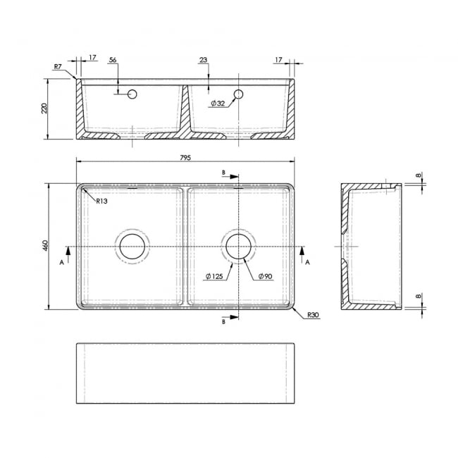 Nuie Butler Kitchen Sink 2.0 Bowl with Chopping Board Grid and Ledge 795mm L x 460mm W - White