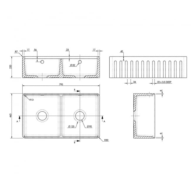 Nuie Butler Fluted Kitchen Sink 2.0 Bowl with Chopping Board Grid and Ledge 795mm L x 460mm W - White