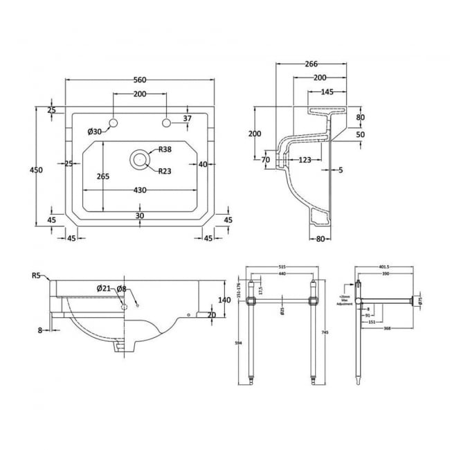 Nuie Carlton Basin with Washstand 560mm Wide - 2 Tap Hole