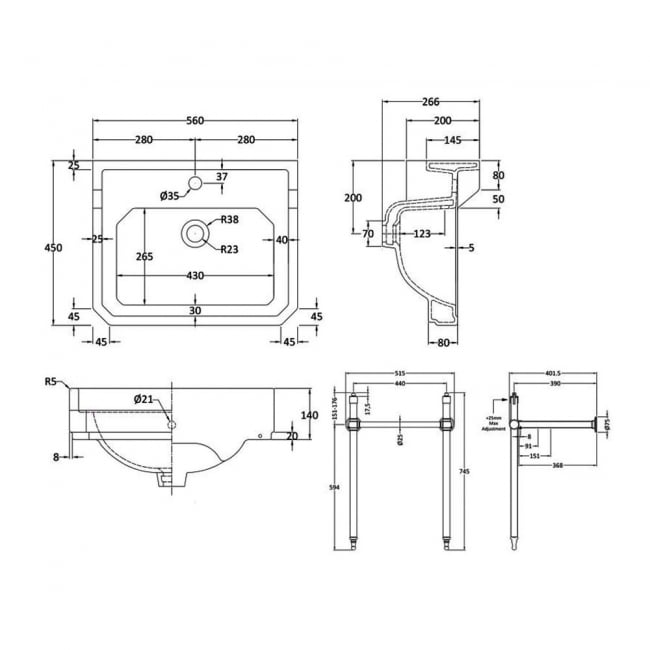 Nuie Carlton Basin with Washstand 560mm Wide - 1 Tap Hole