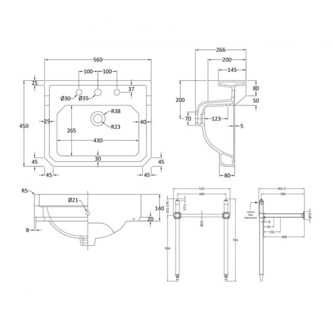 Nuie Carlton Basin with Washstand 560mm Wide - 3 Tap Hole