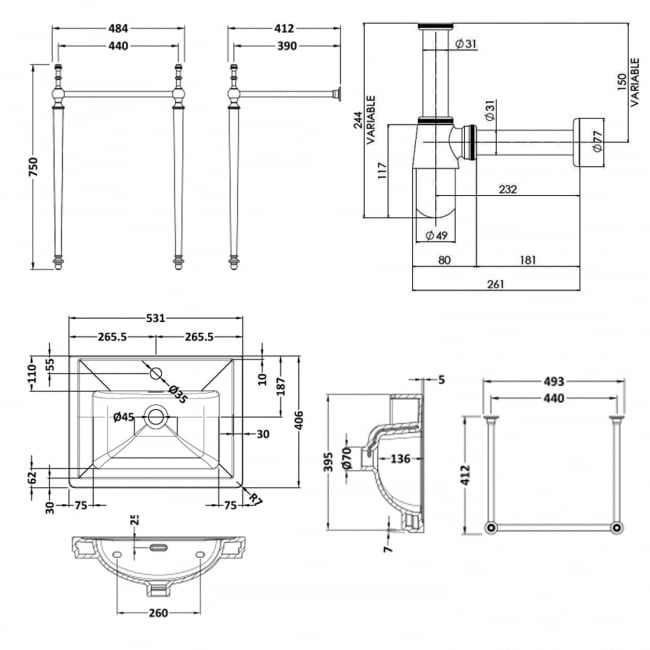 Nuie Classique Basin with Washstand 400mm Wide - 1 Tap Hole