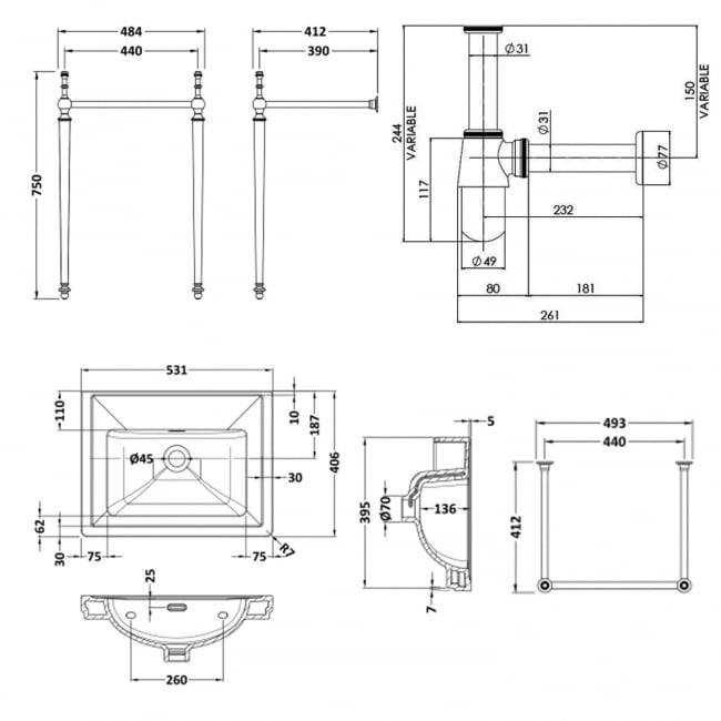 Nuie Classique Basin with Washstand 400mm Wide - 0 Tap Hole