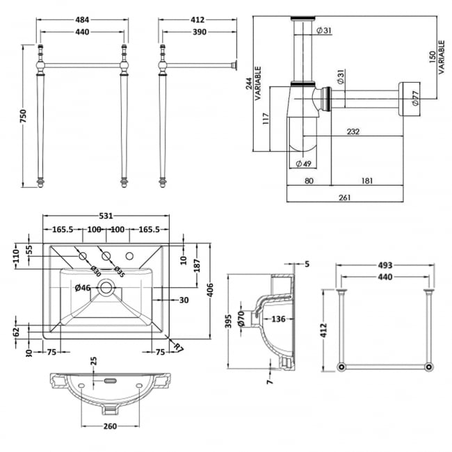 Nuie Classique Basin with Washstand 400mm Wide - 3 Tap Hole