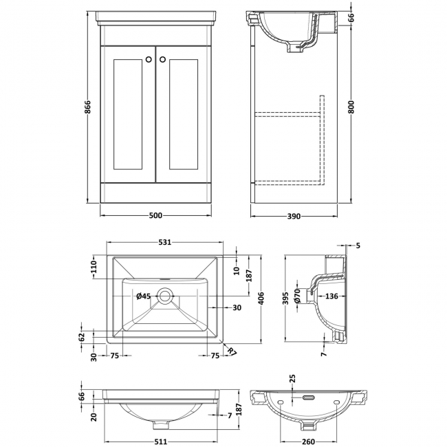 Nuie Classique Floor Standing 2-Door Vanity Unit with Basin 500mm Wide Satin White - 0 Tap Hole