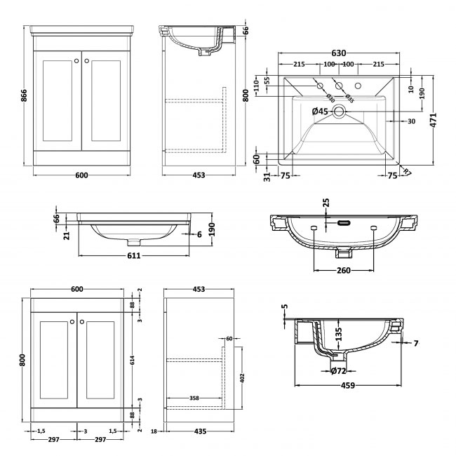 Nuie Classique Floor Standing 2-Door Vanity Unit with Basin 600mm Wide Satin Anthracite - 3 Tap Hole