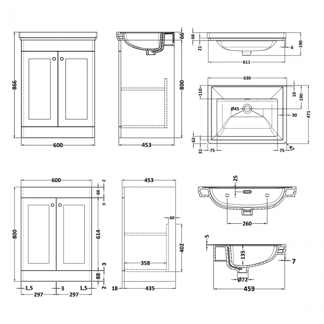 Nuie Classique Floor Standing 2-Door Vanity Unit with Classic Basin 600mm Wide Satin White - 0 Tap Hole