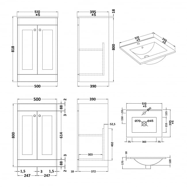 Nuie Classique Floor Standing 2-Door Vanity Unit with Basin-2 500mm Wide - Satin Anthracite