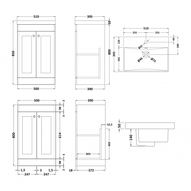 Nuie Classique Floor Standing 2-Door Vanity Unit with Basin-3 500mm Wide - Satin White