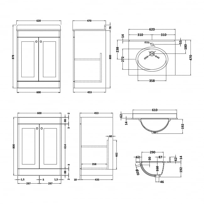 Nuie Classique Vanity Unit | 620mm | CLC125WR1 | Satin White