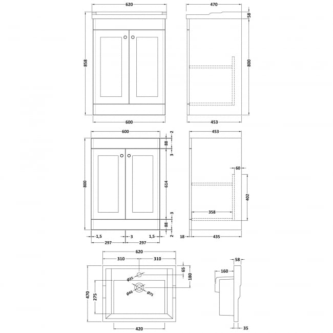 Nuie Classique Floor Standing 2-Door Vanity Unit with Traditional Basin 600mm Wide Satin Grey - 1 Tap Hole