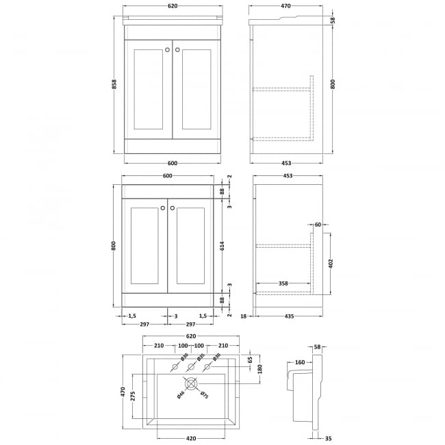 Nuie Classique Floor Standing 2-Door Vanity Unit with Traditional Basin 600mm Wide Satin White - 3 Tap Hole