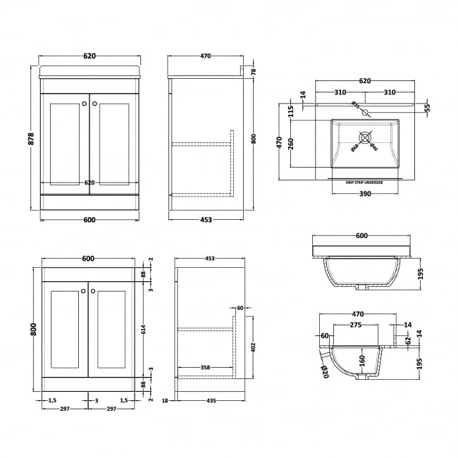 Nuie Classique Floor Standing 2-Door Vanity Unit with 1TH White Square Marble Top Basin 600mm Wide - Satin White