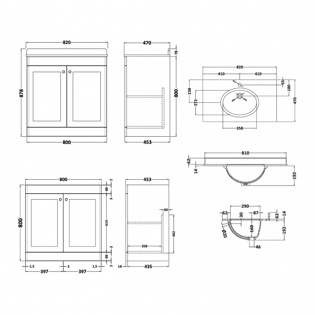 Nuie Classique Floor Standing 2-Door Vanity Unit with 1TH Grey Marble Top Basin 800mm Wide - Satin Grey