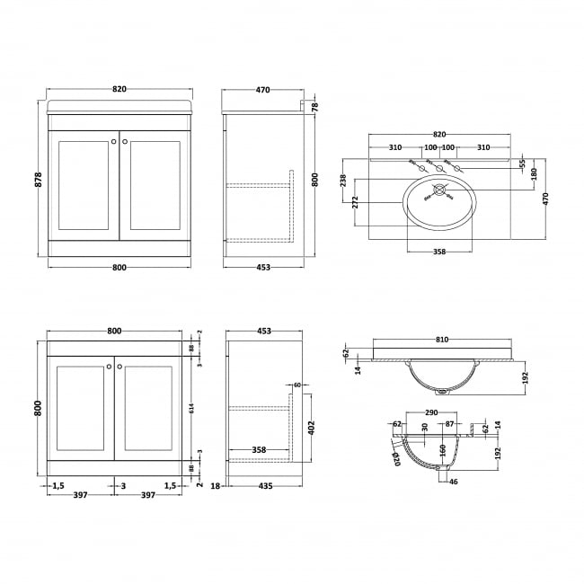 Nuie Classique Floor Standing 2-Door Vanity Unit with 3TH White Round Marble Top Basin 800mm Wide - Satin Anthracite