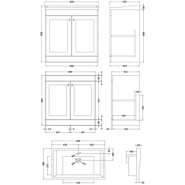 Nuie Classique Floor Standing 2-Door Vanity Unit with Traditional Basin 800mm Wide Satin Grey - 1 Tap Hole