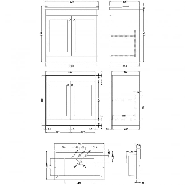 Nuie Classique Floor Standing 2-Door Vanity Unit with Traditional Basin 800mm Wide Satin Grey - 3 Tap Hole