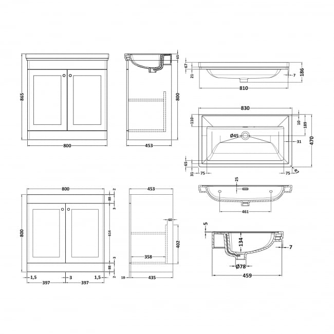 Nuie Classique Vanity Units | 800mm | CLC1426H | Satin Anthracite