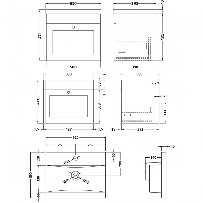 Nuie Classique Wall Hung 1-Drawer Vanity Unit with Basin-1 500mm Wide - Satin Grey