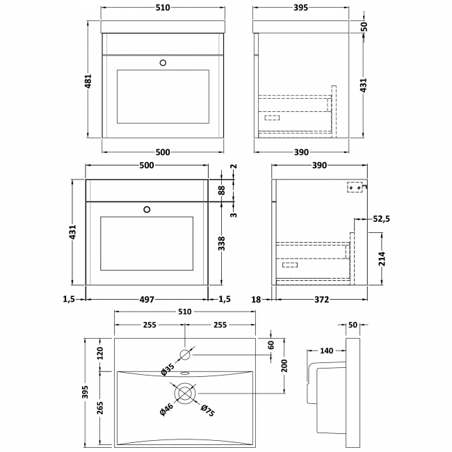 Nuie Classique Wall Hung 1-Drawer Vanity Unit with Basin-3 500mm Wide - Satin White