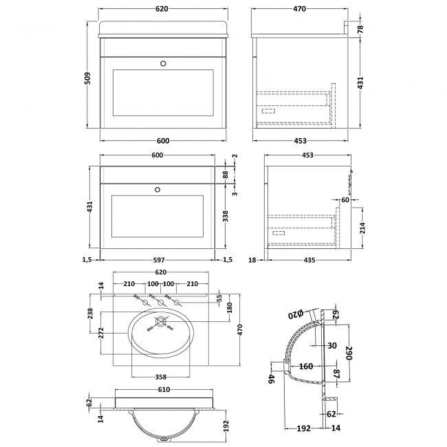 Nuie Classique Wall Hung 1-Drawer Vanity Unit with 3TH Black Marble Top Basin 600mm Wide - Satin Grey