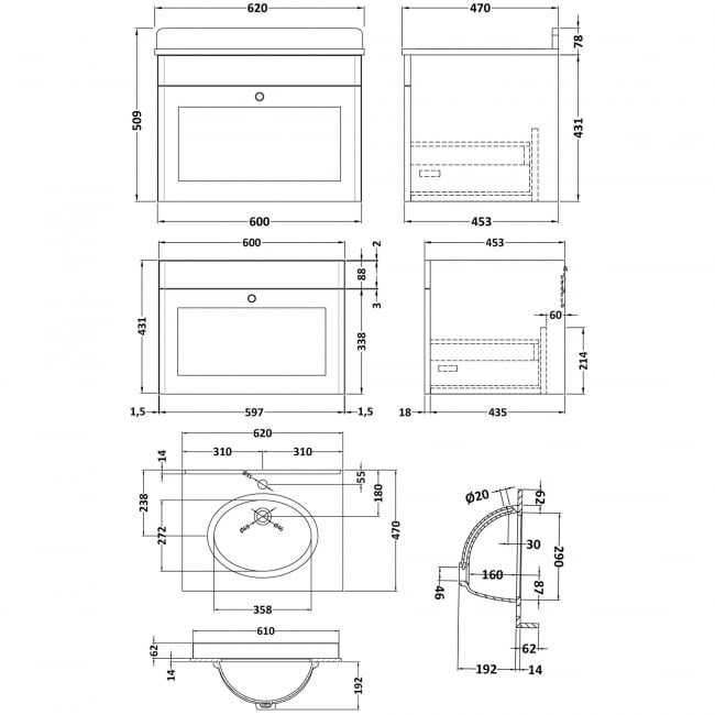 Nuie Classique Wall Hung 1-Drawer Vanity Unit with 1TH Grey Marble Top Basin 600mm Wide - Satin White