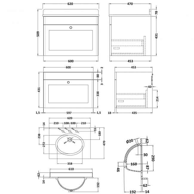 Nuie Classique Wall Hung 1-Drawer Vanity Unit with 3TH Grey Marble Top Basin 600mm Wide - Satin Green