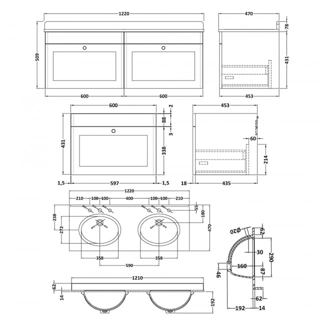 Nuie Classique Wall Hung 2-Drawer Vanity Unit with 3TH White Round Marble Top Basin 1200mm Wide - Satin White