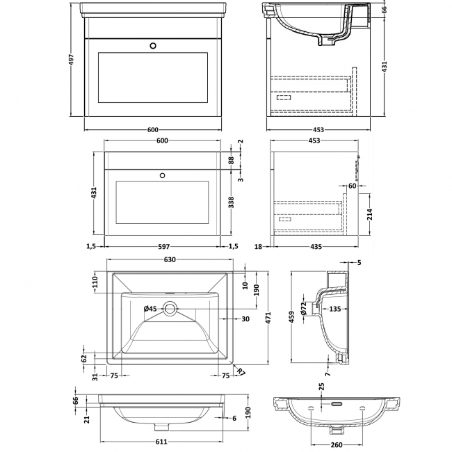 Nuie Classique Wall Hung 1-Drawer Vanity Unit with Classic Basin 600mm Wide Satin White - 0 Tap Hole