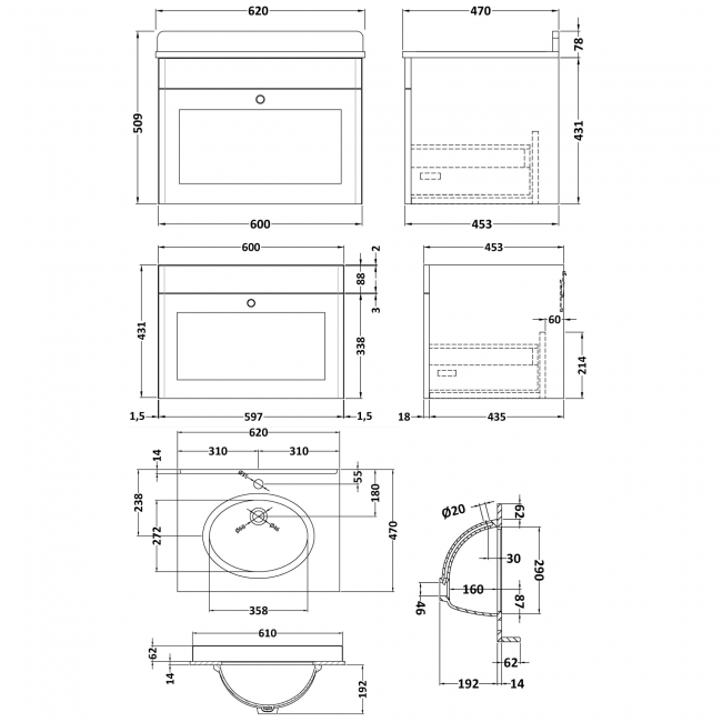 Nuie Classique Wall Hung 1-Drawer Vanity Unit with 1TH White Round Marble Top Basin 600mm Wide - Satin Anthracite