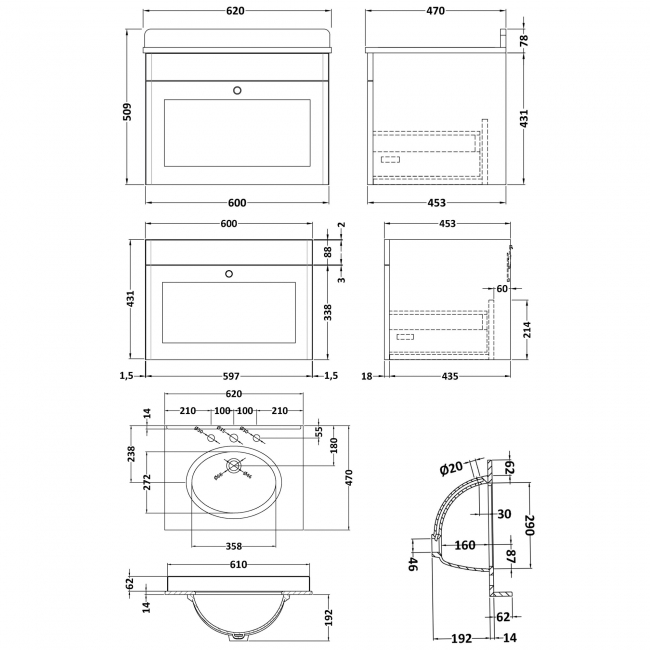 Nuie Classique Wall Hung 1-Drawer Vanity Unit with 3TH White Round Marble Top Basin 600mm Wide - Satin Anthracite