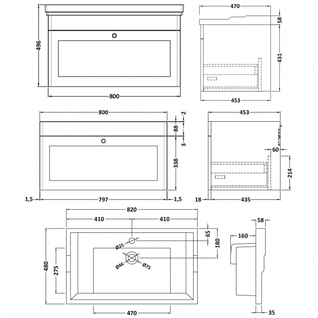 Nuie Classique Wall Hung 1-Drawer Vanity Unit with Traditional Basin 800mm Wide Satin Anthracite - 1 Tap Hole