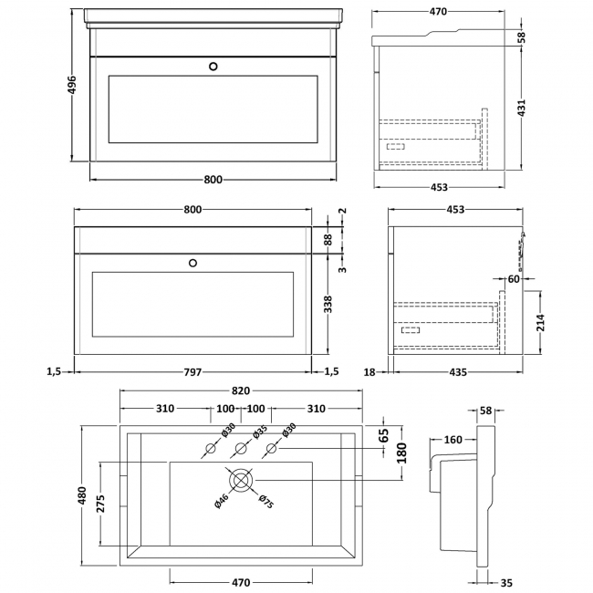 Nuie Classique Wall Hung 1-Drawer Vanity Unit with Traditional Basin 800mm Wide Satin Grey - 3 Tap Hole