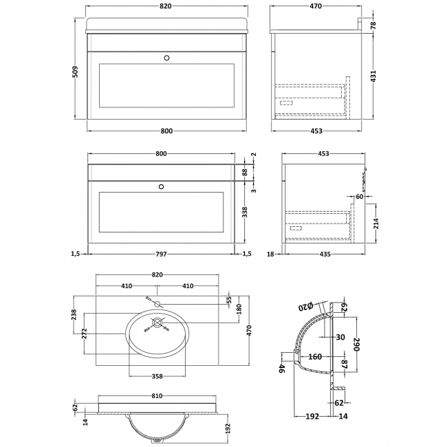 Nuie Classique Wall Hung 1-Drawer Vanity Unit with 1TH Grey Marble Top Basin 800mm Wide - Satin Grey