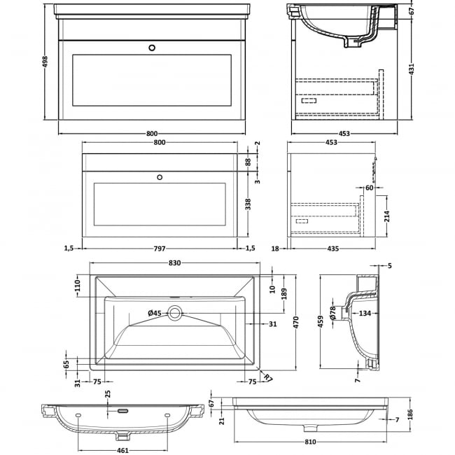 Nuie Classique Wall Hung 1-Drawer Vanity Unit with Traditional Basin 800mm Wide Satin Anthracite - 0 Tap Hole