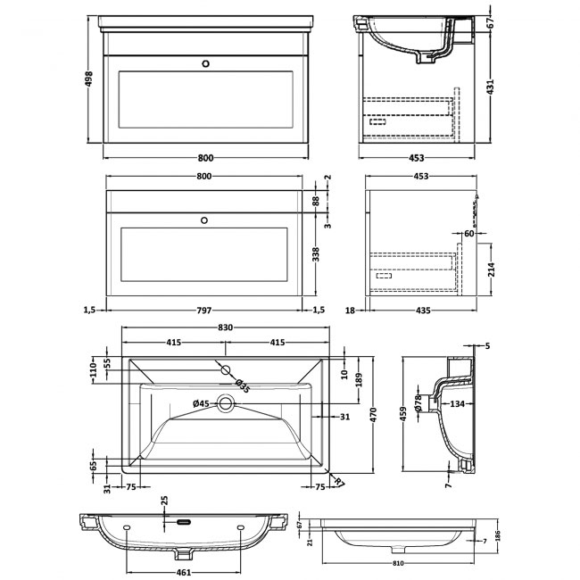 Nuie Classique Wall Hung 1-Drawer Vanity Unit with Basin 800mm Wide Satin Anthracite - 1 Tap Hole