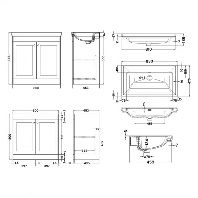 Nuie Classique Floor Standing 2-Door Vanity Unit with Classic Basin 800mm Wide Satin Grey - 0 Tap Hole