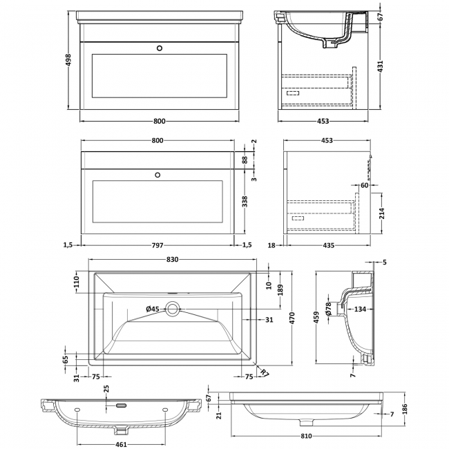 Nuie Classique Wall Hung 1-Drawer Vanity Unit with Traditional Basin 800mm Wide Satin Grey - 0 Tap Hole