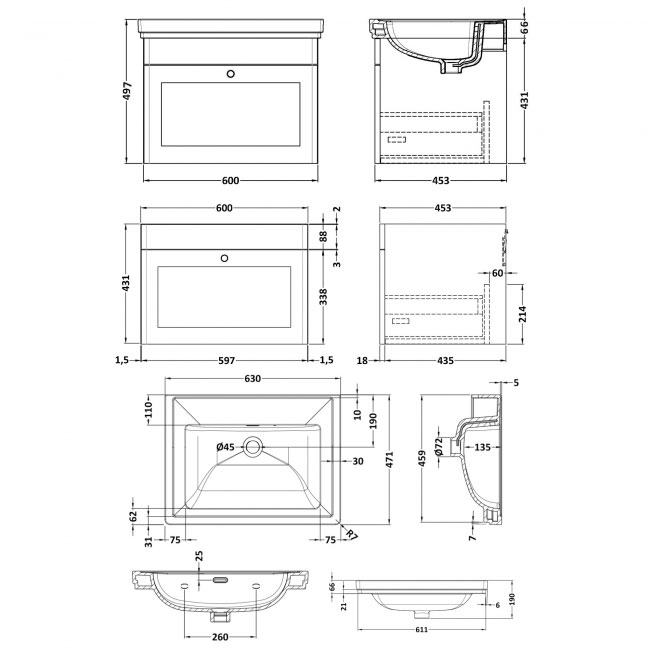 Nuie Classique Wall Hung 1-Drawer Vanity Unit with Classic Basin 600mm Wide Satin Green - 0 Tap Hole