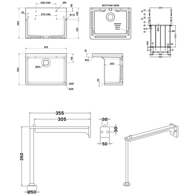 Nuie Cleaner Fireclay Kitchen Sink with Leg and Bracket 515mm L - White