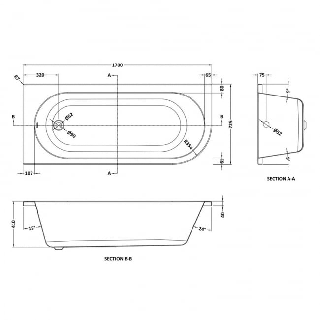 Nuie Crescent Back-to-Wall Bath incuding Panel 1700mm x 725mm - Left Handed (inc Leg Set)