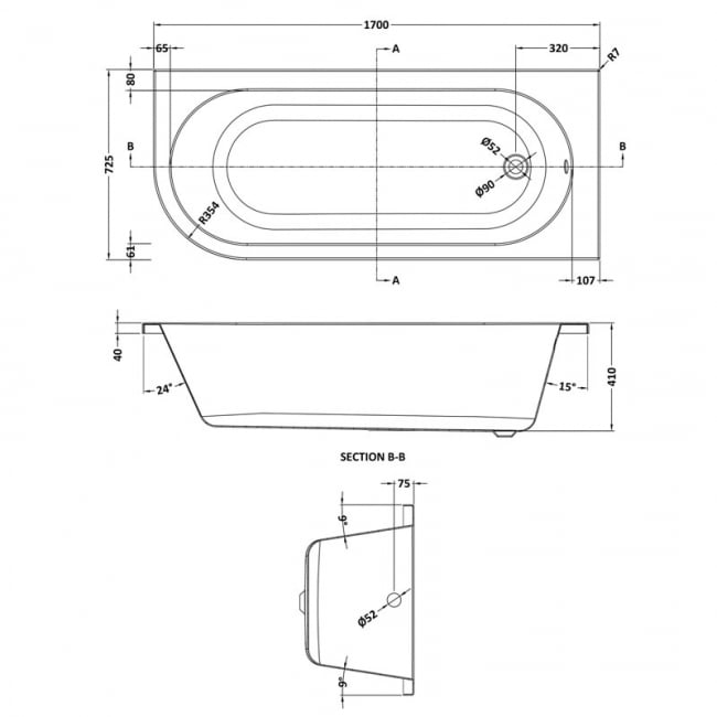 Nuie Crescent Back-to-Wall Bath incuding Panel 1700mm x 725mm - Right Handed (inc Leg Set)